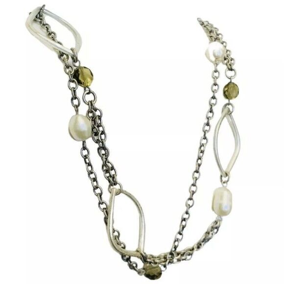 White Pearl Layered Station Necklace 18" Silver Tone Multi-Chain Station - Picture 4 of 10